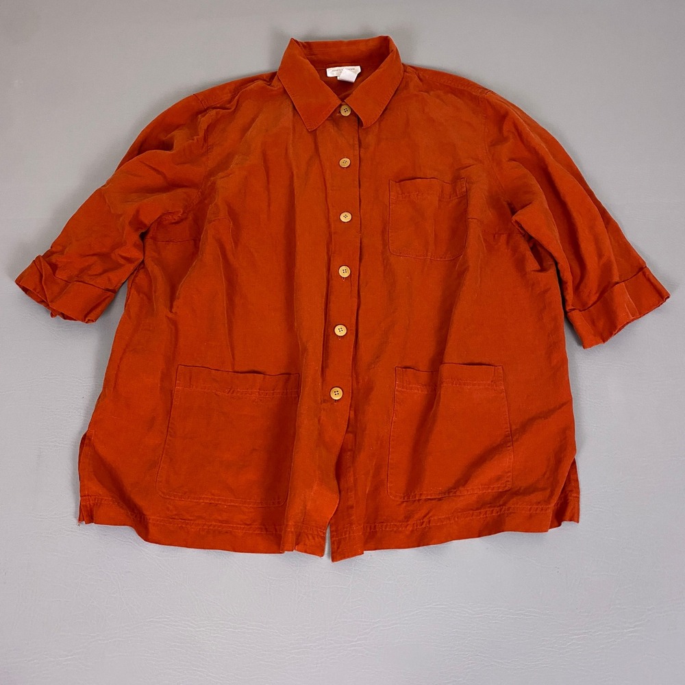 Jones New York Silk Linen Blouse Top Button Up Shirt 2X‎ Burnt Orange 3/4 Sleeve